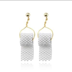Party Toilet Paper Shape Gold and White Earrings